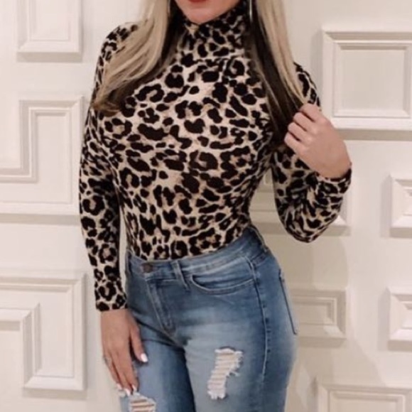 Black Tan Leopard bodysuit long sleeve mock neck size small New NWT - Picture 1 of 14